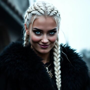 A beautiful viking lady with white blonde braided hair grinning evil