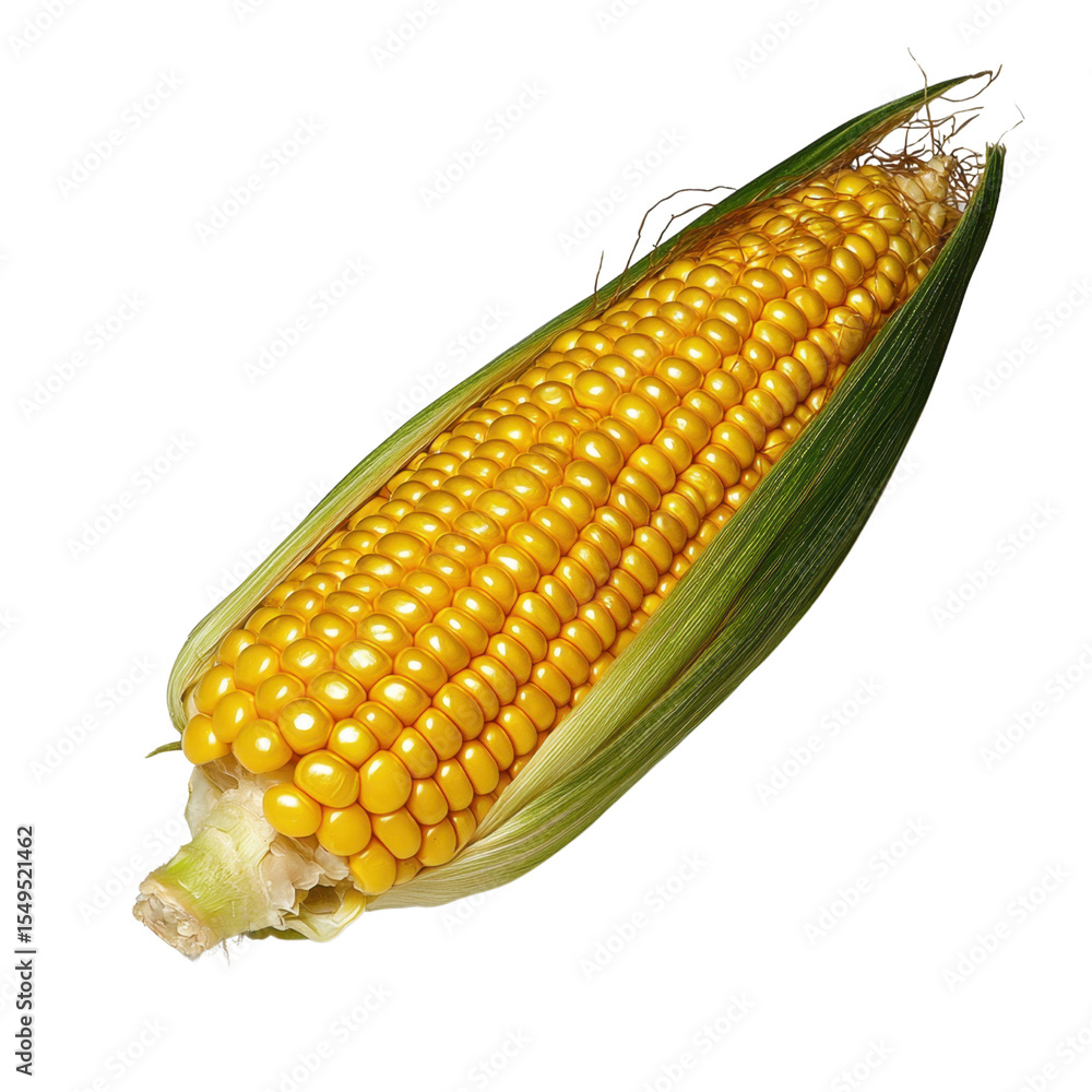 Poster fresh and ripe corn on the cob with vibrant yellow kernels surrounded by green husks and silky threa