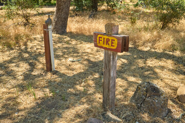 Fire Hydrant Post with Yellow FIRE Sign in Shaded Woodland
