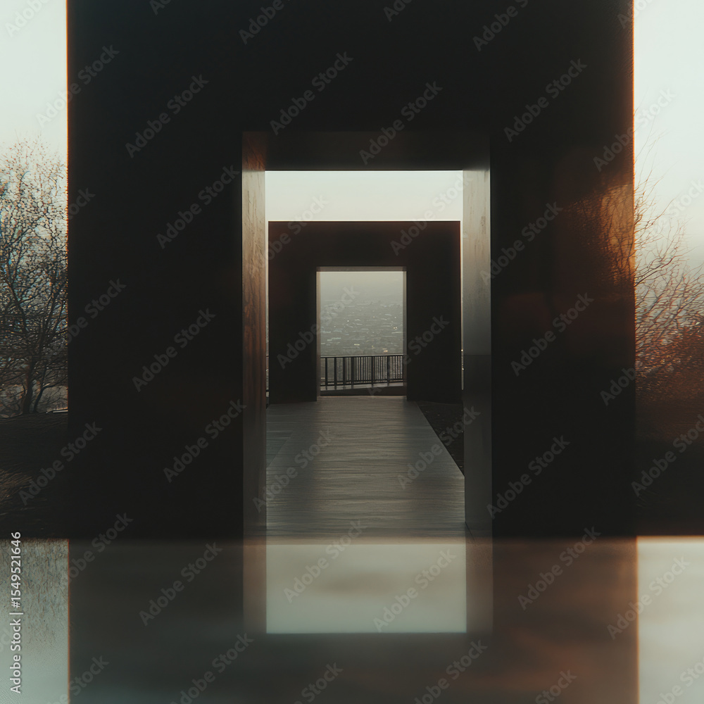 Poster minimalist black and white architectural structure with multiple frames creates stunning view of lan