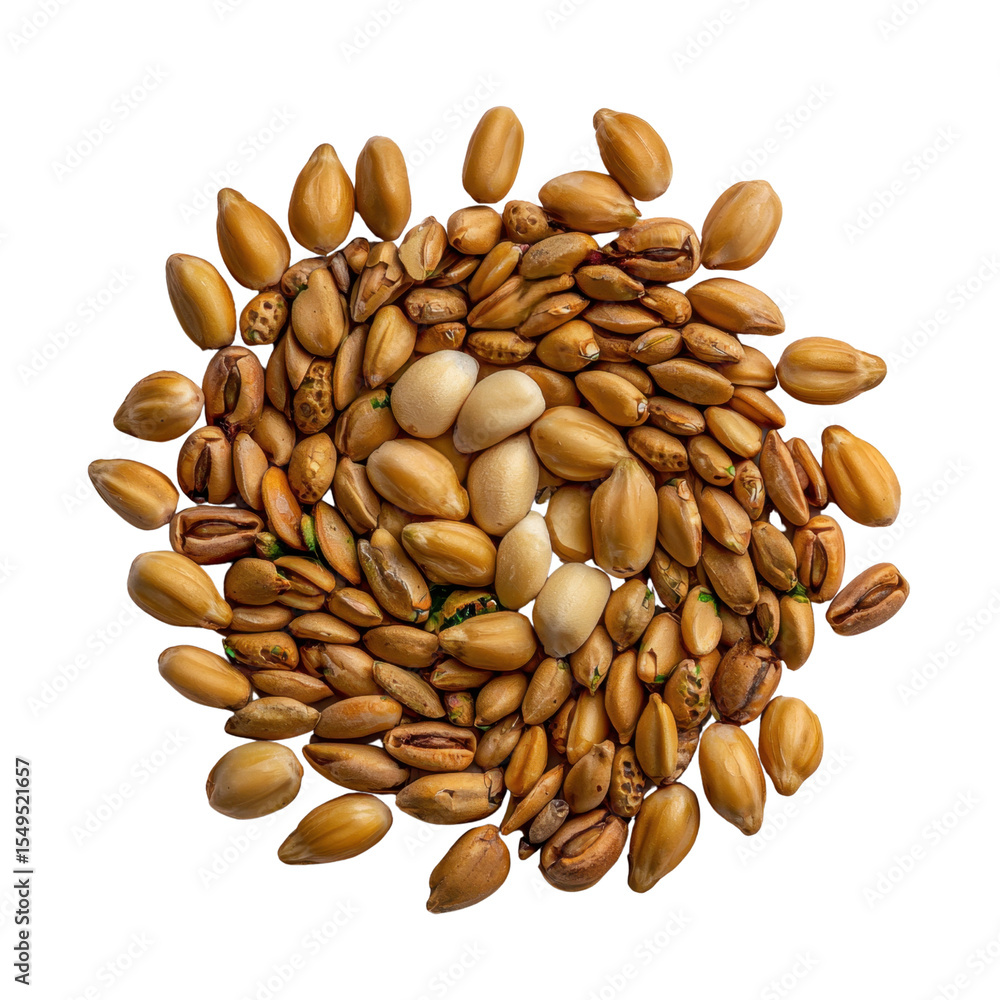 Poster assorted collection of various nuts and seeds arranged in a circular pattern on a white background f