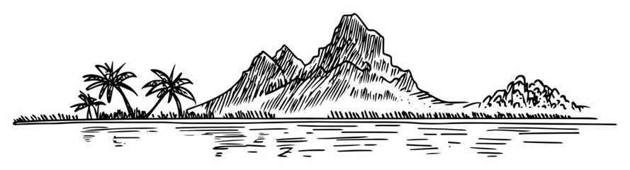 mountain landscape with palm trees – black and white outline vector