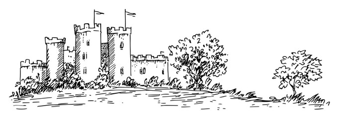 Fototapeta premium historic castle landscape – monochrome outline vector of european fortress