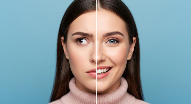 Close-up of woman's face split in two, showcasing contrasting expressions, representing duality, choices, or transformation