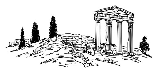 ancient greek temple ruins – monochrome outline vector drawing