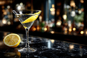 Classic cocktail garnished with lemon twist on a bar
