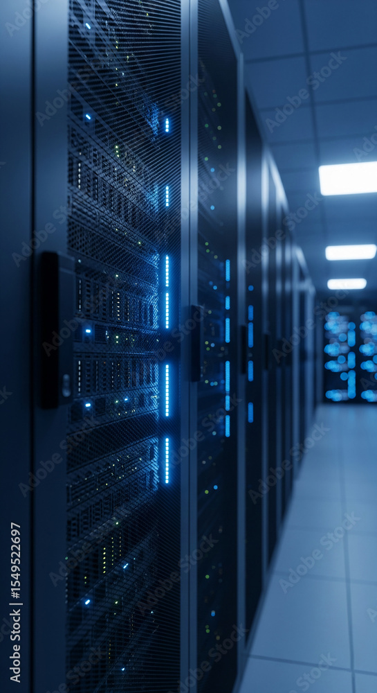 Poster close-up of server racks in a data center, showing glowing lights and intricate hardware, representi