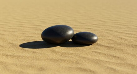 Two smooth black stones resting on a sandy desert surface under sunlight