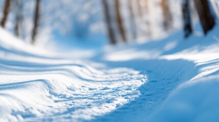 Winding snowy path through a sunlit winter forest, serene and tranquil atmosphere, minimalist landscape, inviting solitude, captivating winter beauty, nature's quiet elegance
