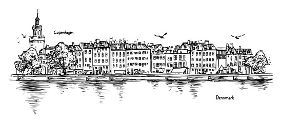 copenhagen cityscape by the lake – black and white outline vector