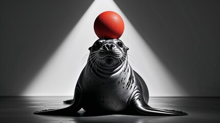 Seal balances a red ball during a performance in a dimly lit arena at an aquatic show
