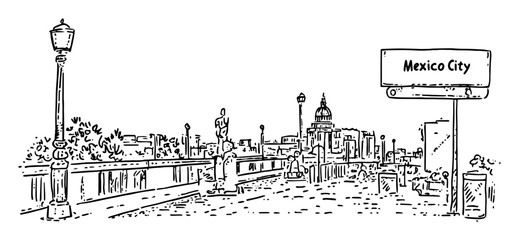 mexico city street scene with bridge – monochrome outline vector