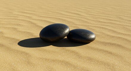 Two smooth black stones resting on golden sand with gentle ripples in the background