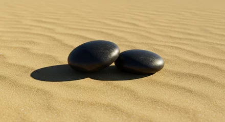 Fototapeten Two smooth black stones resting on golden sand with gentle ripples in the background © RSATRIA