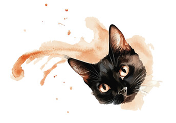 Halloween black cat on white background, watercolor illustration