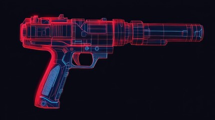 Futuristic, glowing red-blue wireframe handgun