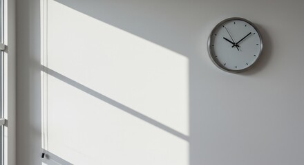 Minimalist clock on a white wall with abstract sunlight shadow creating simple, clean lines and a modern interior background or concept.