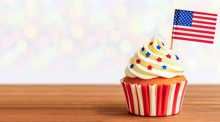 Patriotic cupcake on wooden table decorated with cream with red and blue confectionery stars and American flag. Light, festive background, American Independence Day celebration concept.