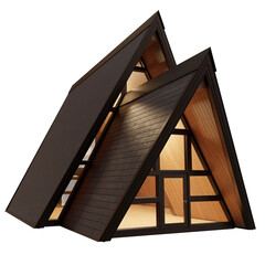 3D rendered modern A-frame cabin with angular side wing and warm lighting, isolated on transparent...