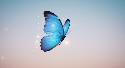Vibrant blue butterfly gracefully flutters against a soft pastel background