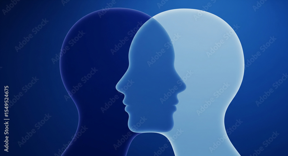 Poster abstract image of two translucent blue heads in profile, overlapping slightly, suggesting connection