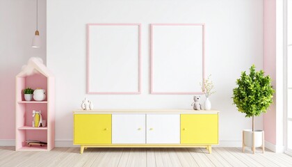 Pink and Yellow Poster Frame Mockup in Living Room Setting