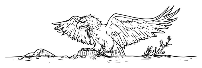 eagle standing on ground with wings half spread sketch style