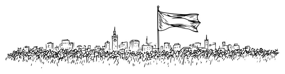 crowd of people protest with flag in city sketch