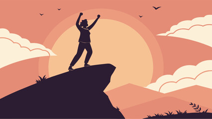 Silhouette of a Person on a Mountaintop at Sunset.