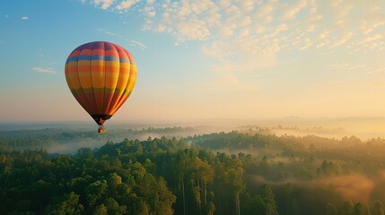 Naklejka premium Breathtaking Views: A Hot Air Balloon Soaring Gracefully Over a Lush, Verdant Forest - Capturing the Enchanting Blend of Nature's Beauty and the Thrill of Adventure. Drift through the treetops in a vi