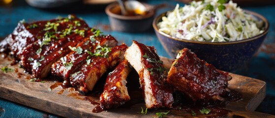 The delicious barbecue ribs served with creamy coleslaw on a rustic platter.