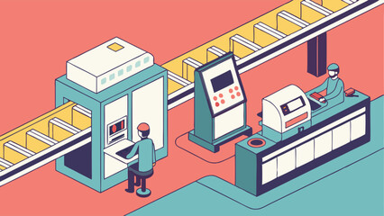 Isometric Illustration of Automated Factory Production Line with Workers.
