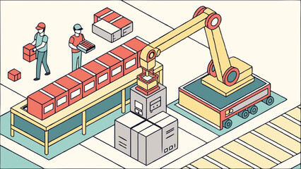 Fototapeta premium Automated factory line with workers and robotic arm assembling boxes.