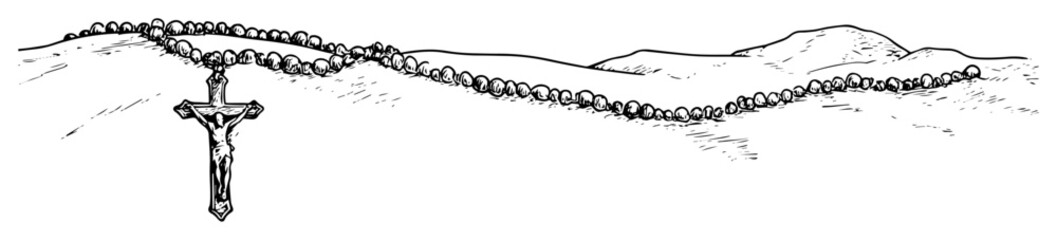 hand drawn catholic rosary beads with crucifix vector illustration