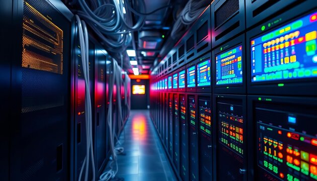 Server room network cables, glowing data screens, cybersecurity, supercomputer