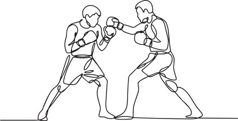 Fototapeta premium continuous single line drawing of two male boxers sparring in a dynamic kickboxing match against a white background