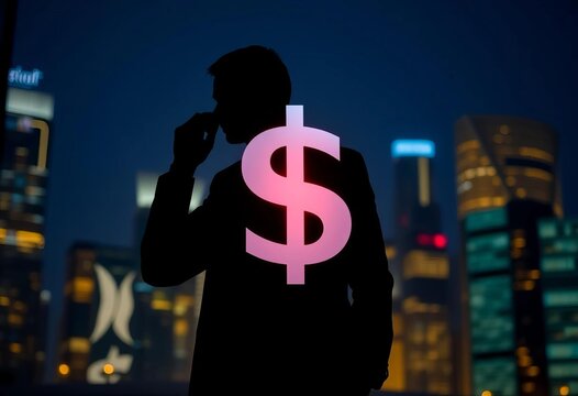 Sharp dollar sign graphic superimposed on businessman silhouette, sign, representation - Powered by Adobe