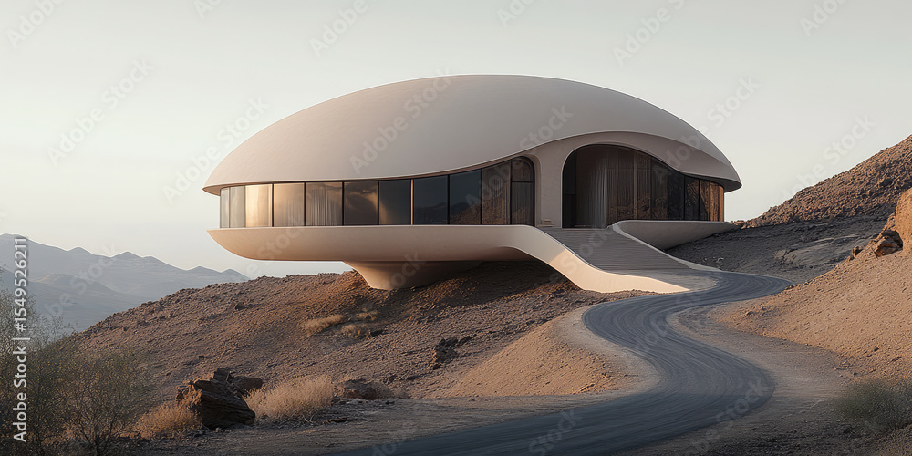 Poster modern architectural design featuring unique, futuristic house on rocky landscape. structure has smo
