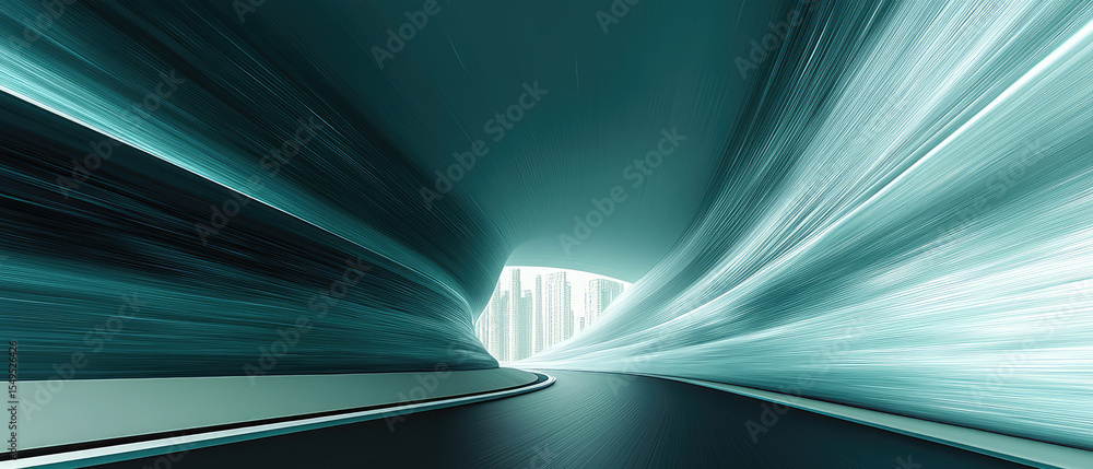 Poster dynamic view of futuristic tunnel with blurred motion effects, leading to cityscape. design emphasiz