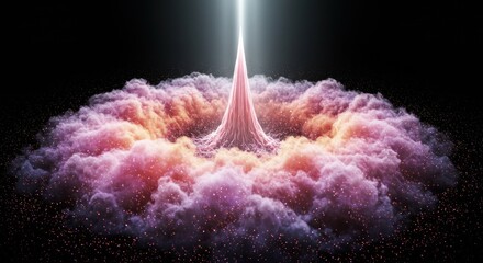 Vibrant cosmic eruption with swirling clouds and radiant light beam above