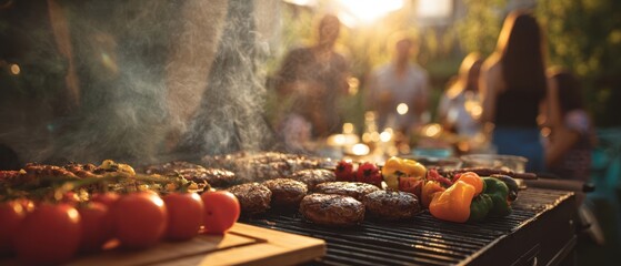 The vibrant barbecue with smokey burgers and fresh vegetables at sunset