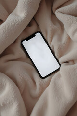 A Smartphone mockup screen on the Bed. Generative Ai
