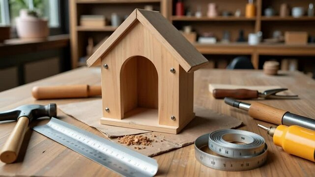 Organized DIY Workshop Desk with Tools, Half-Built Birdhouse, and Measuring Tape &ndash; Detailed 4K Craft Footage