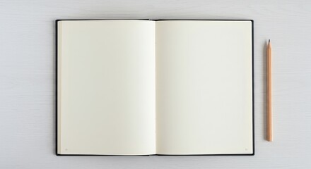 Open blank notebook and pencil on white wooden desk. Flat lay top view with empty pages for notes, study, creative design, or mockup copy space.