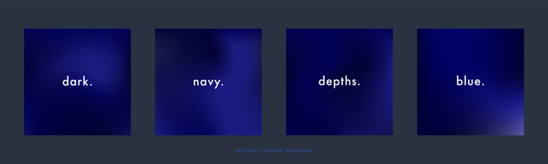 Set of 4 navy winter sky gradient background. Abstract midnight sky. Dark blue colored vector banner. Simple soft dark square backdrop. Gradient template design for poster, square social post, cover
