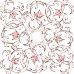 Elegant square tile pattern with swirling pink and white leaves on a white background. Features...