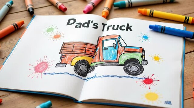 Open Coloring Book with Child&rsquo;s Drawing Labeled &lsquo;Dad&rsquo;s Truck&rsquo; and Scattered Crayons &ndash; Wholesome 4K Father&rsquo;s Day Footage