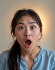 Surprised woman expressing emotion in indoor setting natural light close-up shot capturing genuine reaction