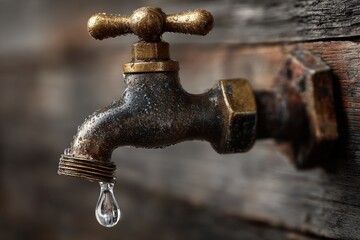 Leaking faucet with single water droplet falling from metal tap outdoors