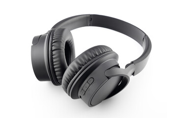 black digital wireless stereo headphones close up side view isolated on white